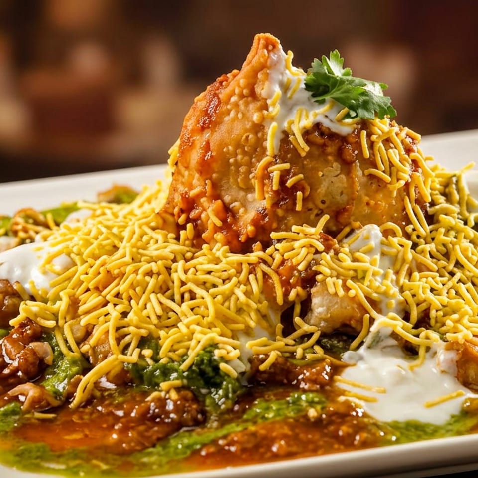 A samosa chaat with yogurt, green chutney, tamarind chutney, and sev on a white plate.