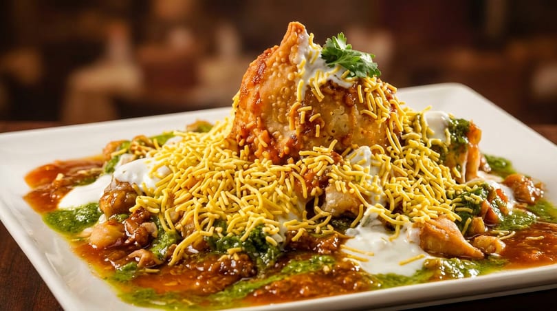 A samosa chaat with yogurt, green chutney, tamarind chutney, and sev on a white plate.