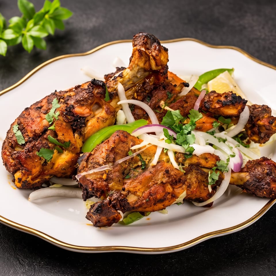 Spicy tandoori chicken drumsticks and thighs, garnished with onions, cilantro, and lemon on a white plate.