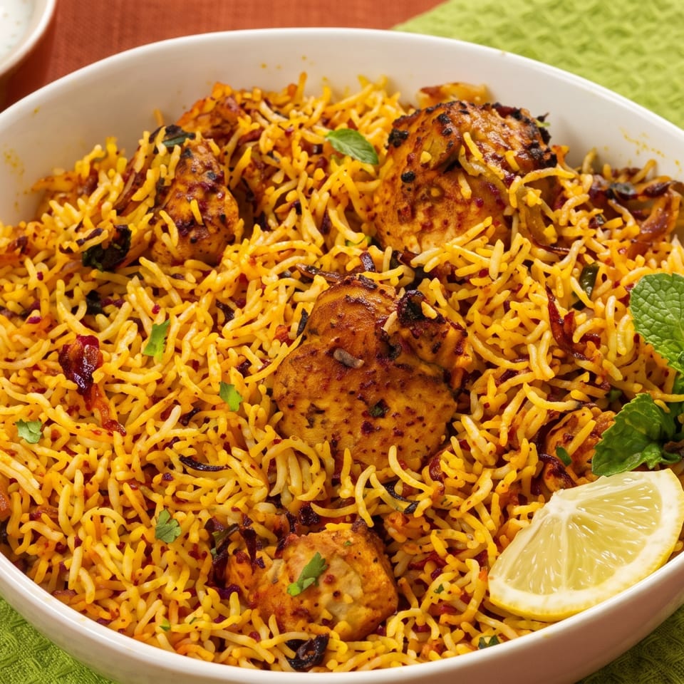 A white bowl filled with chicken biryani, garnished with mint and a lemon wedge, on a green napkin.