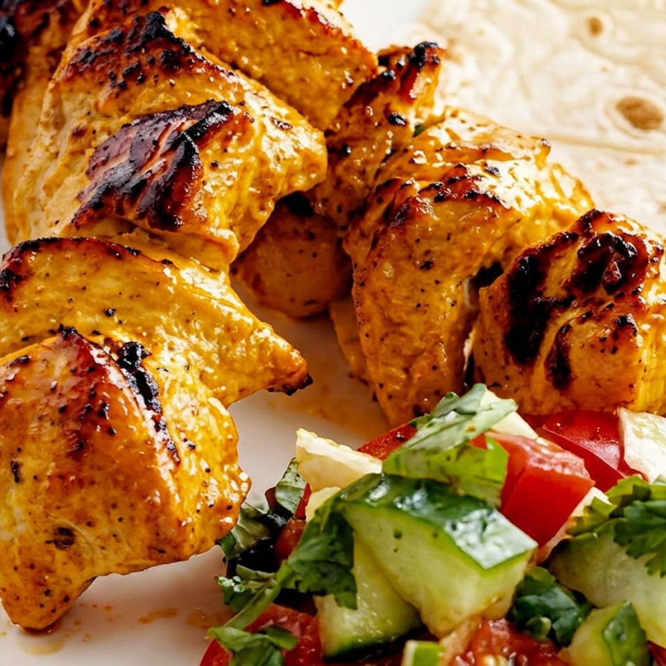 Grilled chicken shish kebab with fresh salad and flatbread on a white plate.