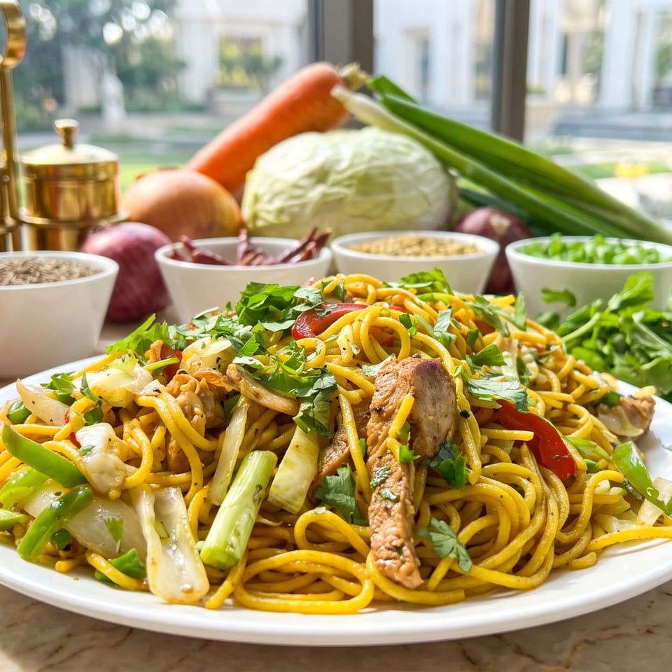 A plate of chicken chow mein with fresh vegetables and spices on a marble counter.