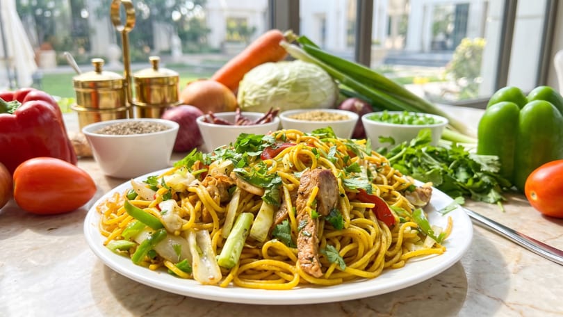 A plate of chicken chow mein with fresh vegetables and spices on a marble counter.