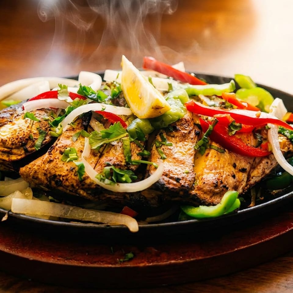 Steaming grilled whole fish with lemon, onions, and peppers on a sizzling platter.