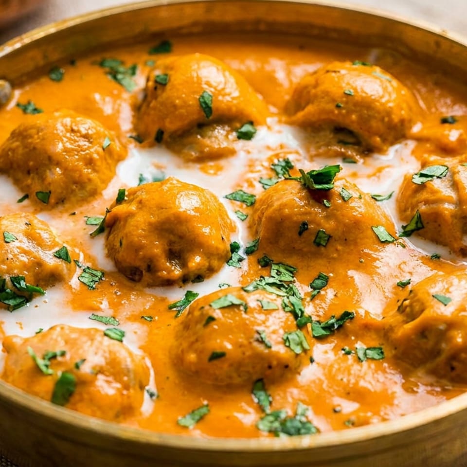 Malai Kofta, Indian cheese and vegetable dumplings in a creamy orange sauce, garnished with cilantro.