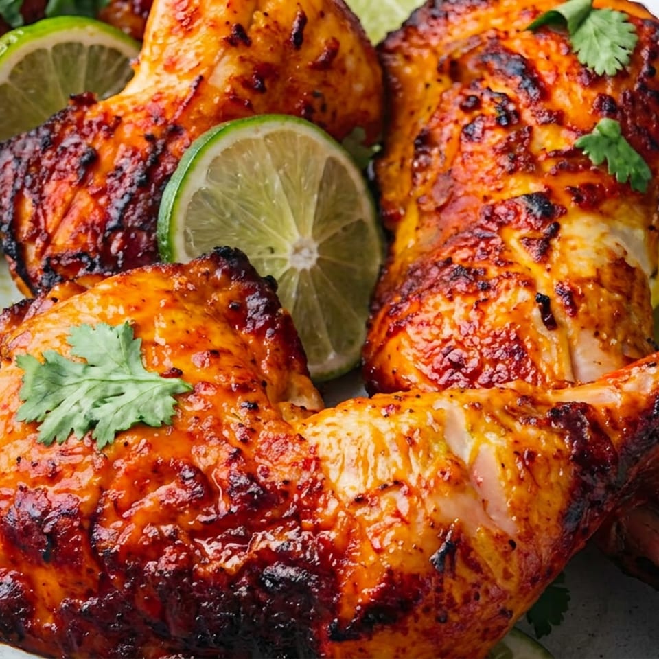 Grilled chicken drumsticks and thighs with charred skin, garnished with fresh cilantro and lime slices.