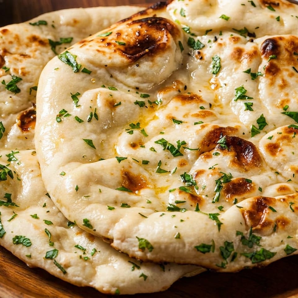 Two pieces of golden-brown naan bread, garnished with fresh parsley, on a wooden plate.