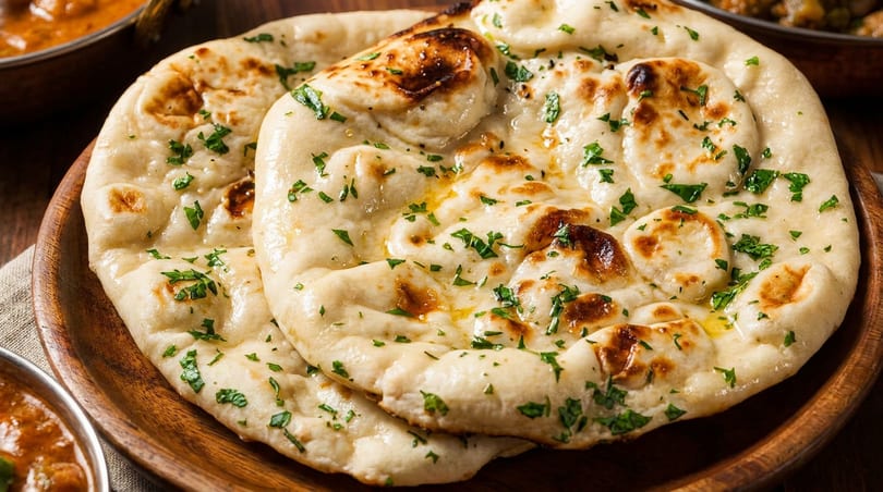 Two pieces of golden-brown naan bread, garnished with fresh parsley, on a wooden plate.