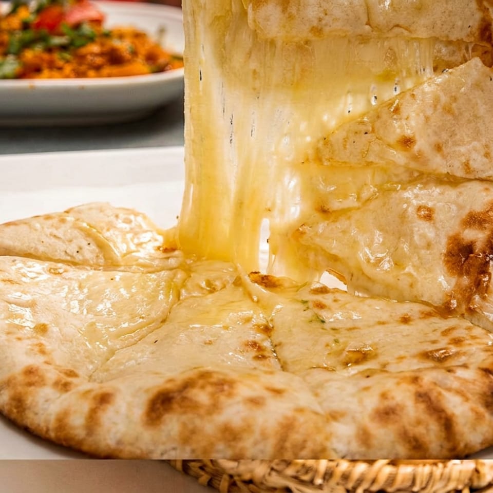 Cheesy naan bread being pulled apart, showing melted cheese stretching, with a curry dish in the background.