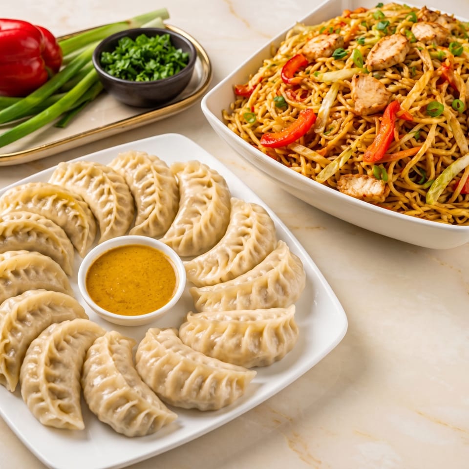 A plate of momos with dipping sauce and a bowl of chicken chowmein with vegetables.