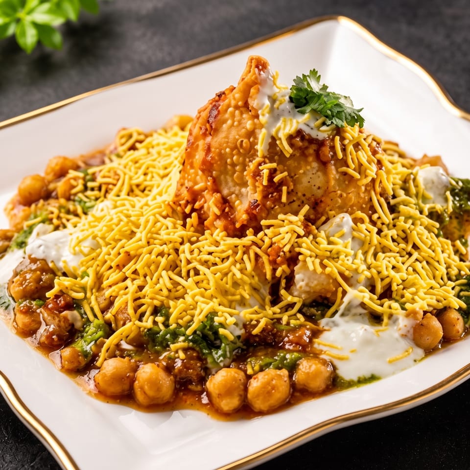 Samosa chaat with chickpeas, sauces, and crispy sev on a white plate with a gold rim.