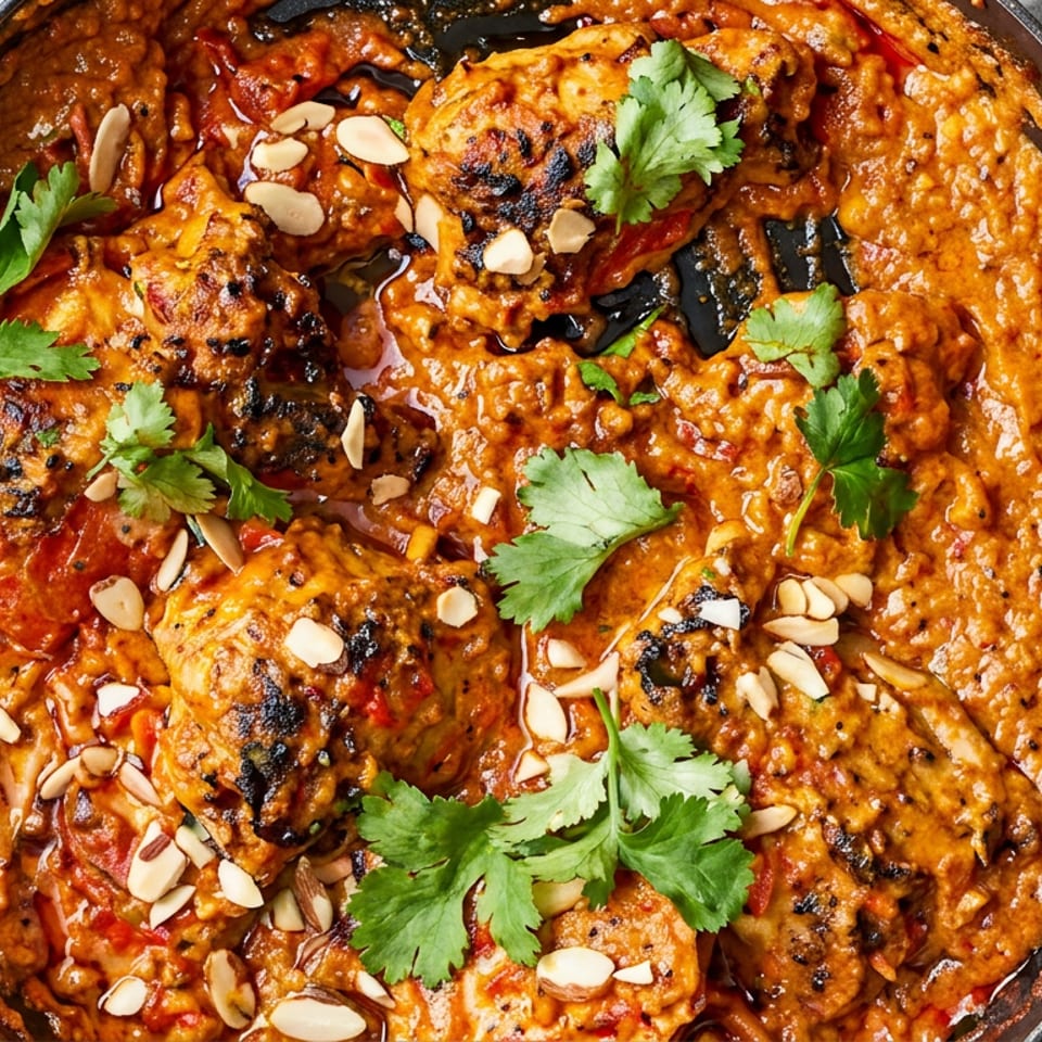 Chicken tikka masala in a black pan, garnished with cilantro and sliced almonds.