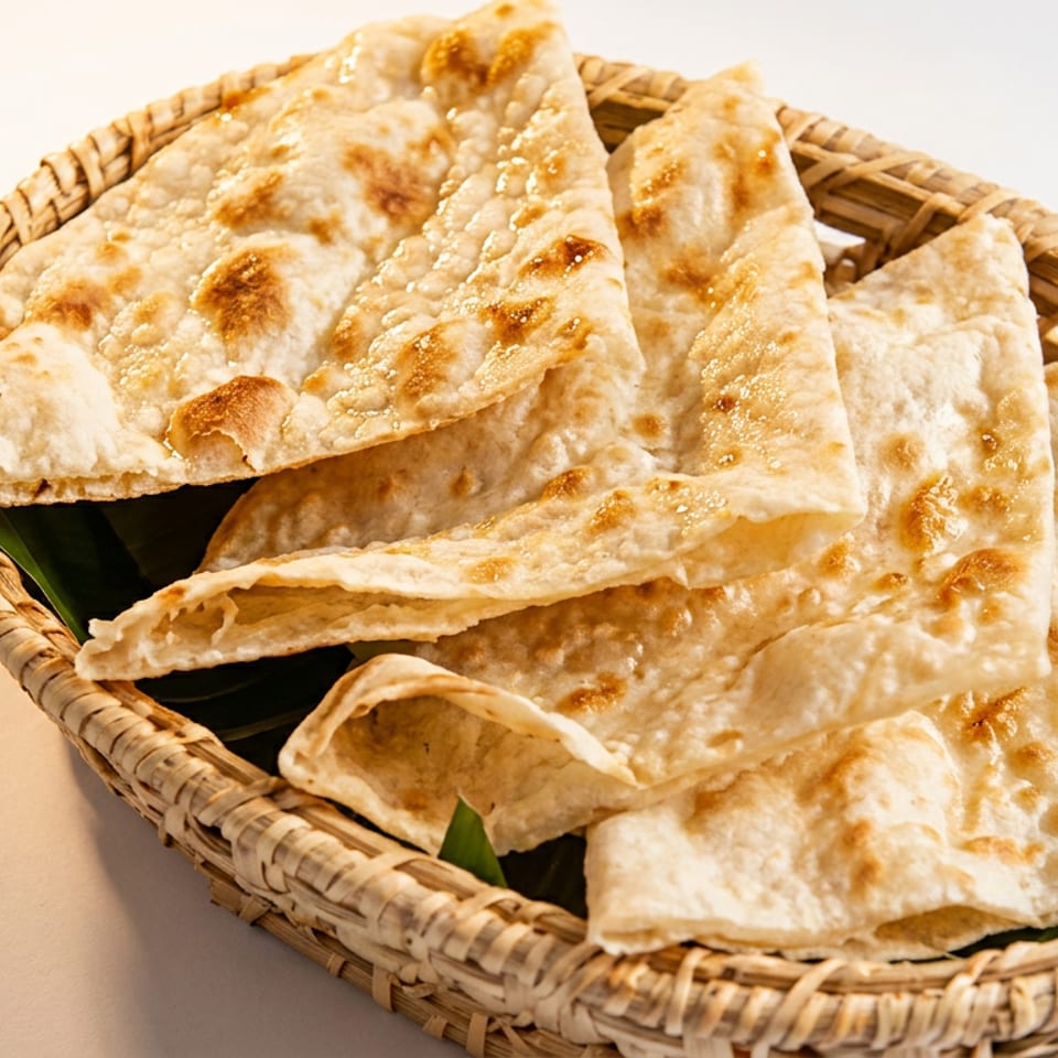 Golden brown flatbread pieces, possibly naan or roti, served in a woven basket lined with a green leaf.