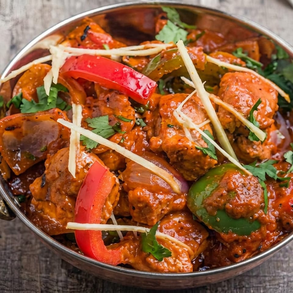 A copper karahi bowl filled with chicken tikka masala, garnished with cilantro and ginger slivers.