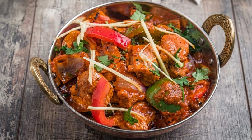 A copper karahi bowl filled with chicken tikka masala, garnished with cilantro and ginger slivers.