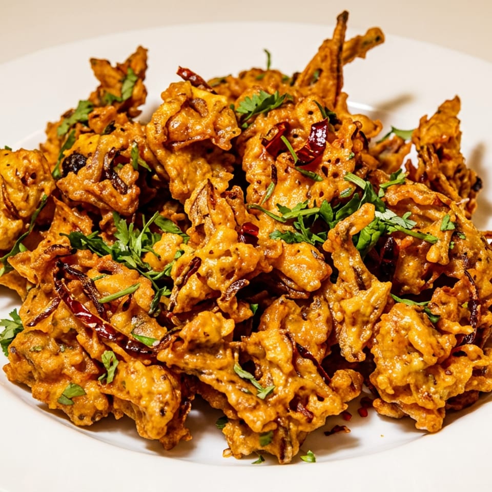 A white plate piled high with golden-brown pakoras, garnished with fresh green herbs and dried red chilies.