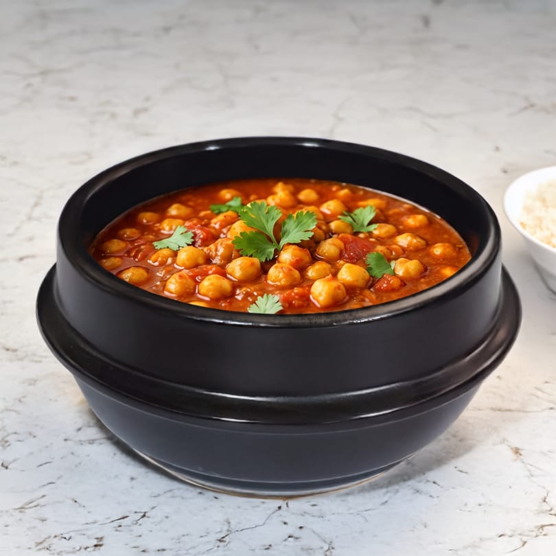Chana masala, a chickpea curry, in a black bowl with cilantro garnish and a side of rice.