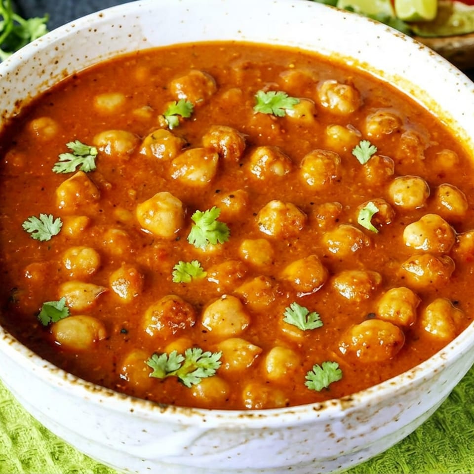 A white bowl filled with chana masala, garnished with cilantro, on a green napkin.