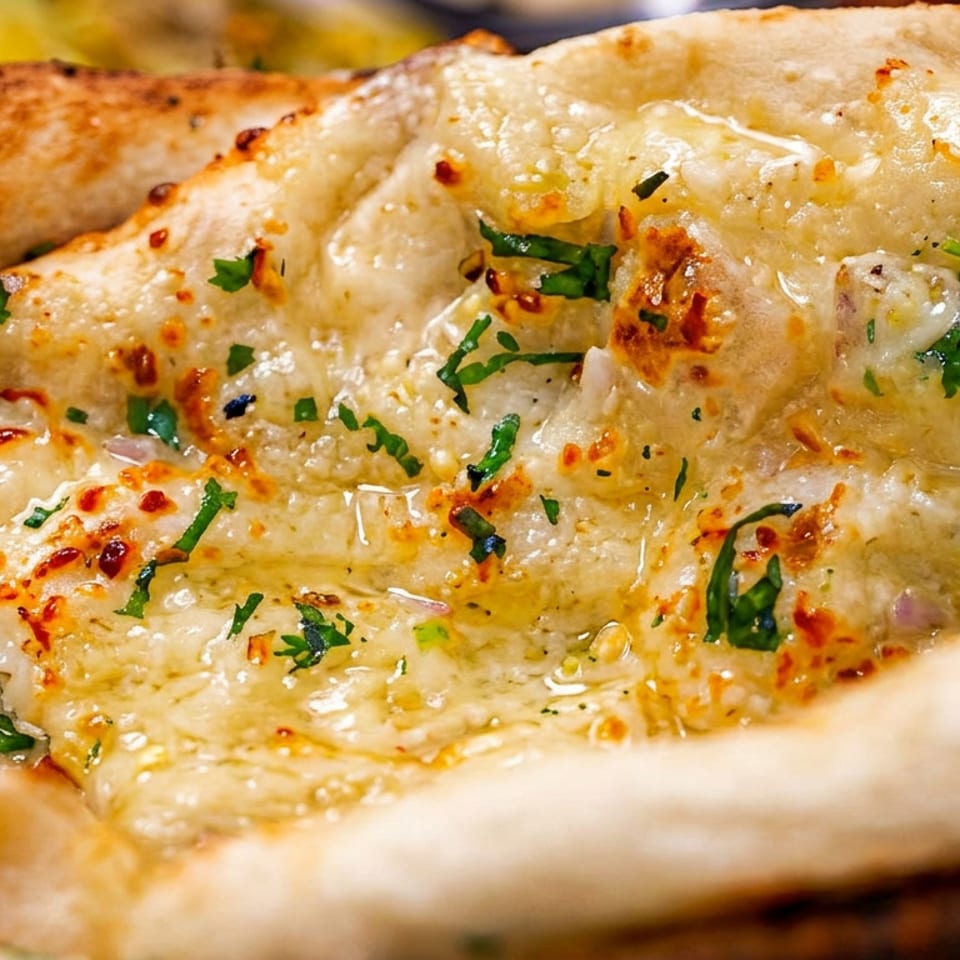 Close-up of golden-brown naan bread, glistening with butter and sprinkled with fresh green herbs.