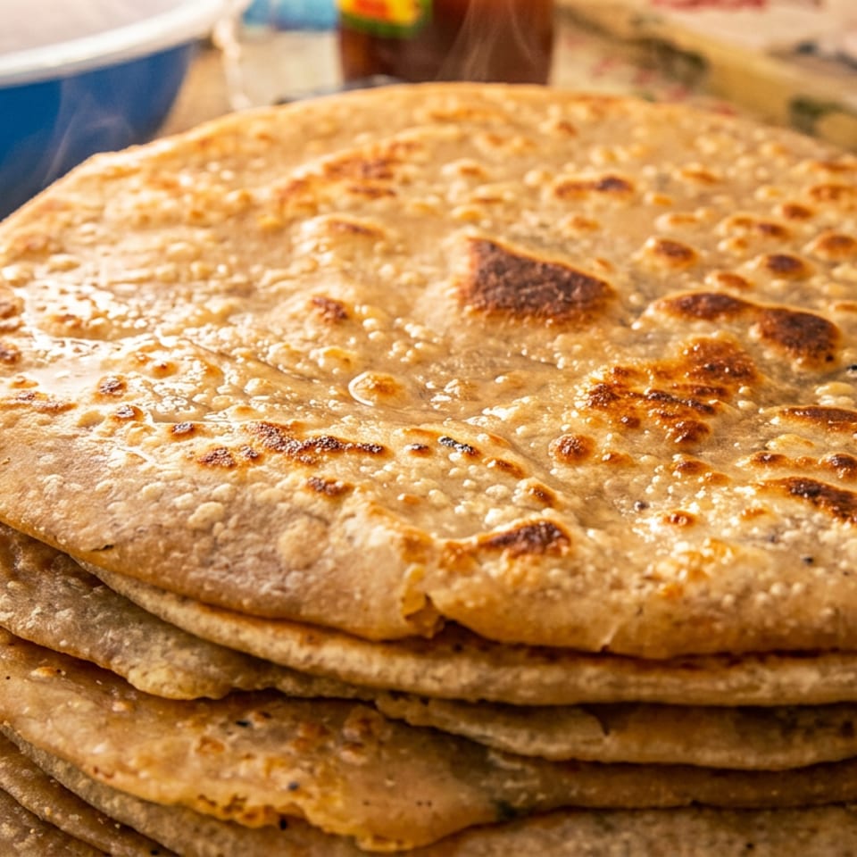 Stack of freshly made, golden-brown parathas with a blue bowl in the background.