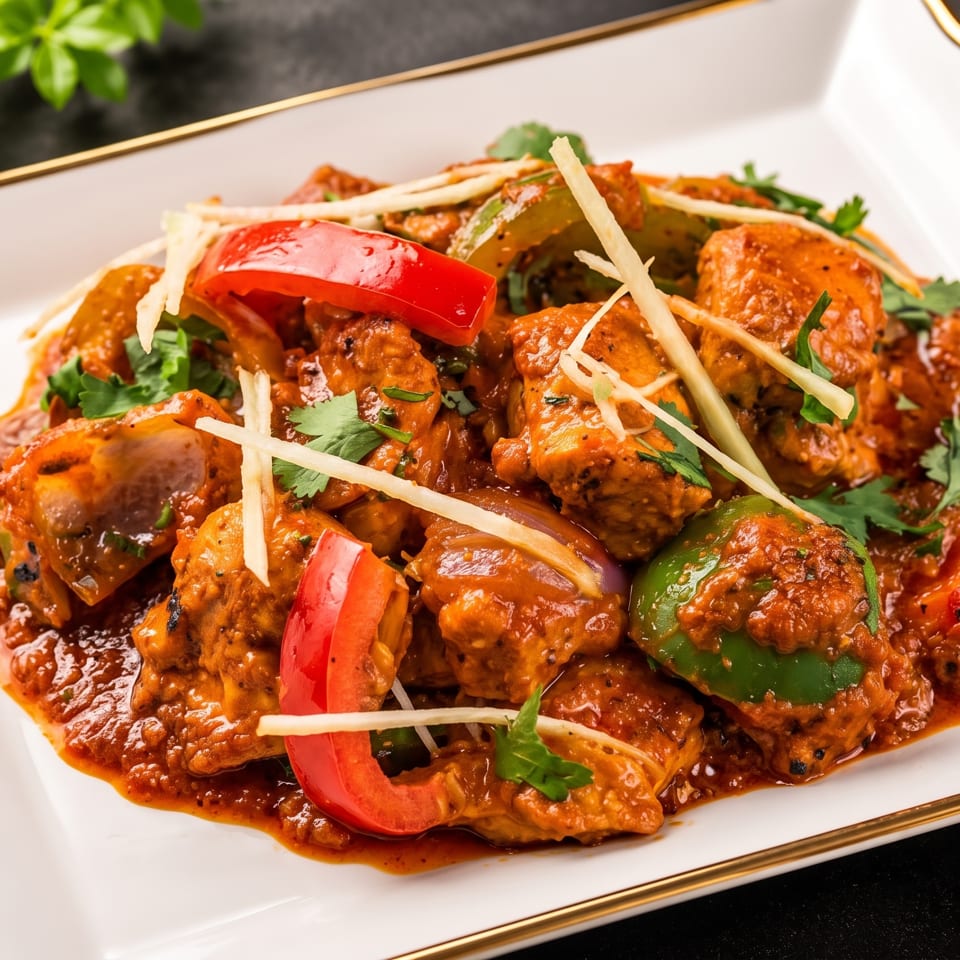 Chicken karahi with red and green bell peppers, garnished with ginger and cilantro on a white plate.