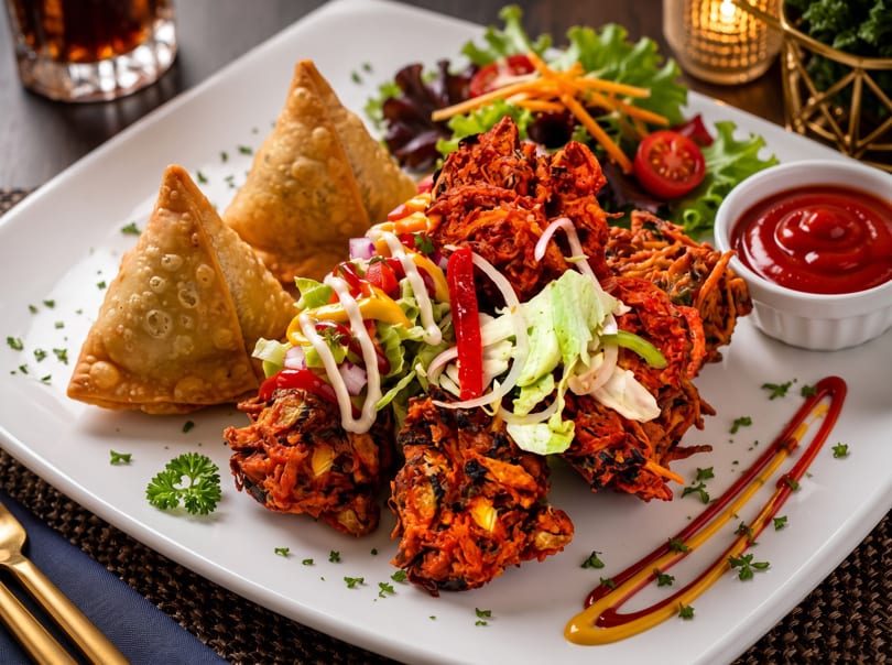 A white plate with samosas, pakoras topped with salad, a side salad, and ketchup.