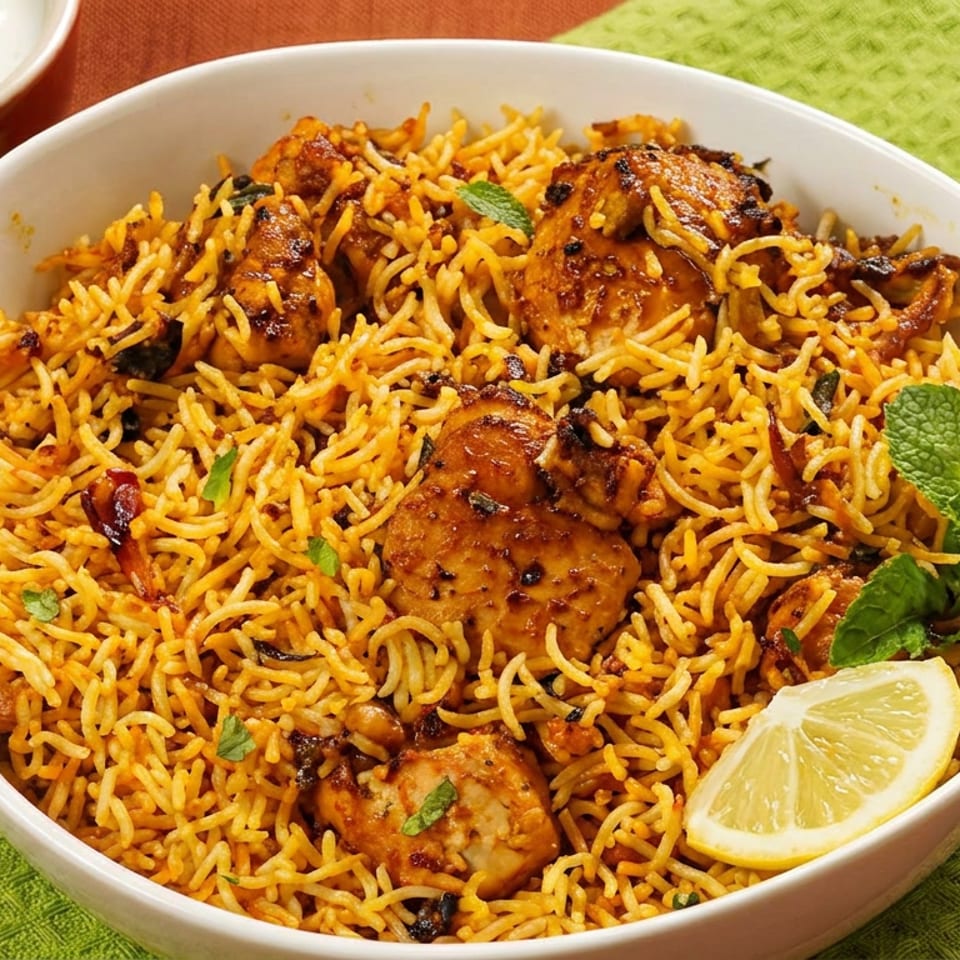 Chicken biryani with rice, mint, and a lemon wedge, served with a side of raita.