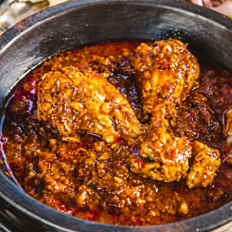 Chicken curry with drumsticks in a black bowl, surrounded by spices and a spoon on a wooden table.